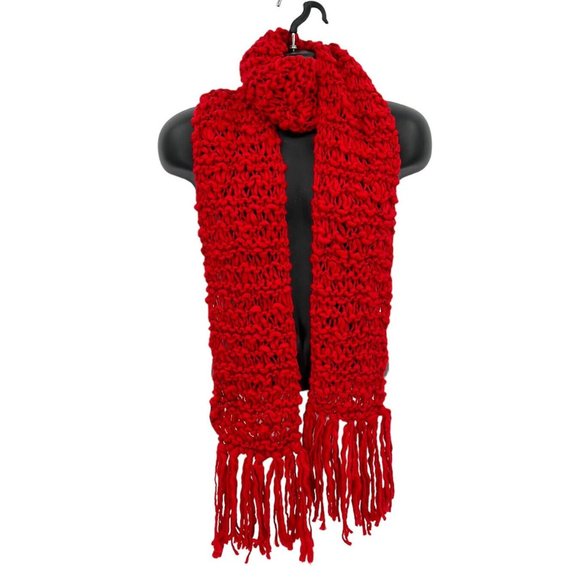 Fair Weather Accessories Long Chunky Knit Fringe Scarf Shawl One Size Red 76"x8" - Picture 1 of 5